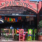 Colorful chairs and tables in a streetside cafe in Cabo San Lucas, Mexico at the southern tip of the Baja Peninsula